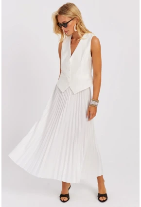 Kadın Beyaz Beli Lastikli Pilise Etek OW145