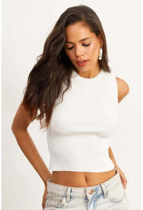Kadın Beyaz Bisiklet Yaka Triko Bluz YV91