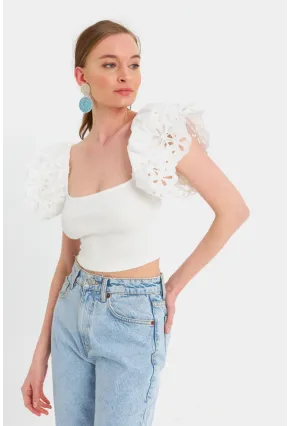 Kadın Beyaz Brode Crop Bluz TPG08