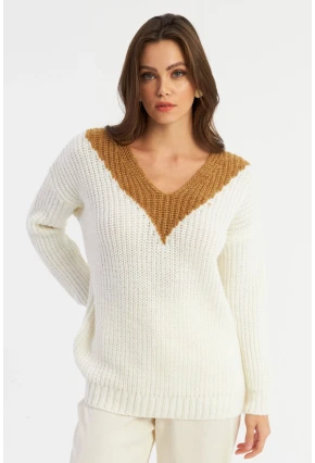 Kadın Beyaz-Camel V Yaka Triko Kazak SMT2434