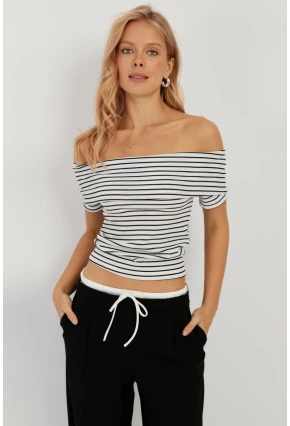 Kadın Beyaz Çizgili Madonna Bluz YZ1001