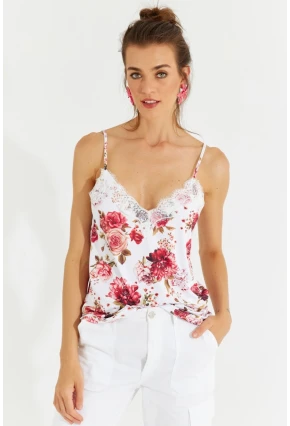 Kadın Beyaz Dantelli Askılı Çiçekli Bluz LPP1227