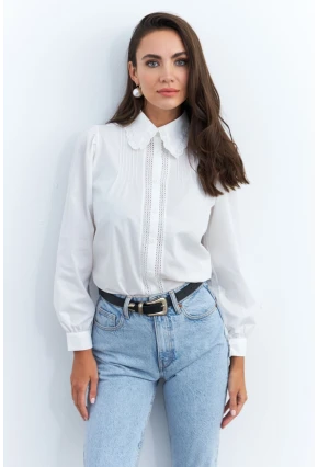 Kadın Beyaz Dantelli Balon Kol Gömlek MQS2492