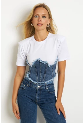 Kadın Beyaz Denim Bloklu Vatkalı  Bluz YZ636