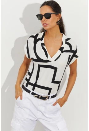 Kadın Beyaz Desenli V Yaka Bluz LPP1217