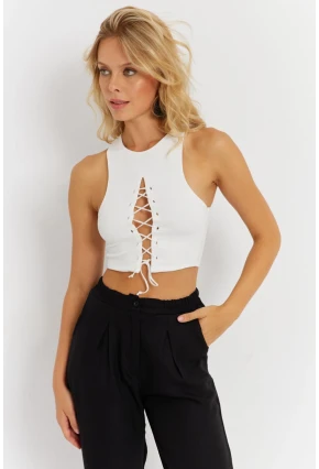 Kadın Beyaz Detaylı Crop Bluz AYD375