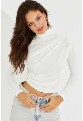 Kadın Beyaz Drapeli Bluz LPP1226