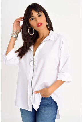 Kadın Beyaz Fermuarlı Gömlek DY25580