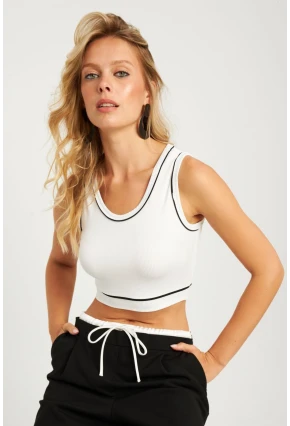 Kadın Beyaz Fitilli Crop Bluz CG359