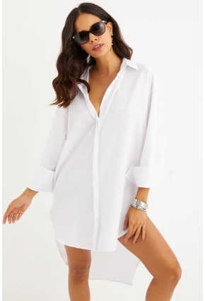 Kadın Beyaz Gizli Düğmeli Tunik Gömlek Elbise SF1292