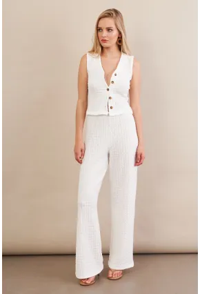 Kadın Beyaz Gofre Yelek Pantalon Takım FLU330