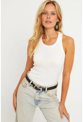 Kadın Beyaz Halter Yaka Fitilli Bluz MK11