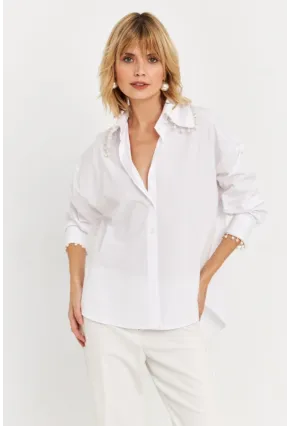 Kadın Beyaz İnci Detaylı Gömlek KED4162