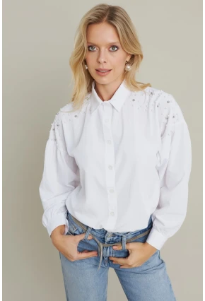 Kadın Beyaz İncili Balon Kol Gömlek MASF16