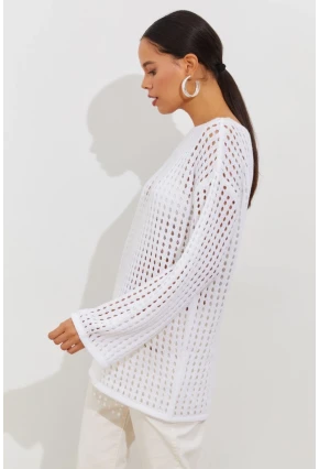 Kadın Beyaz İspanyol Kol Ajurlu Triko Uzun Bluz SMT198