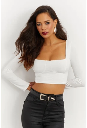 Kadın Beyaz Kare Yaka Crop Bluz CG263