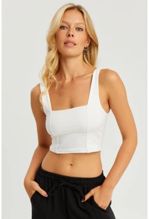 Kadın Beyaz Kare Yaka Crop Bluz CG348
