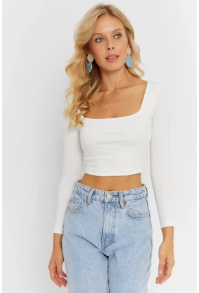 Kadın Beyaz Kare Yaka Crop Bluz CG362