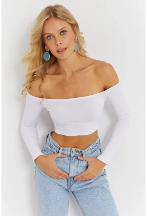 Kadın Beyaz Kare Yaka Crop Bluz CG364