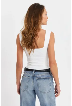 Kadın Beyaz Kare Yaka Triko Bluz SE8