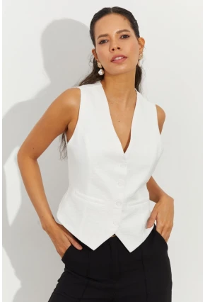 Kadın Beyaz Keten Astarlı Yelek TW60046