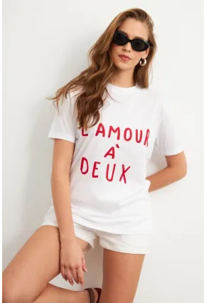 Kadın Beyaz-Kırmızı Baskılı Pijama T-Shirt AYD411