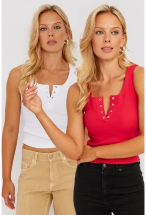 Kadın Beyaz-Kırmızı Patlı Kaşkorse Bluz MK06