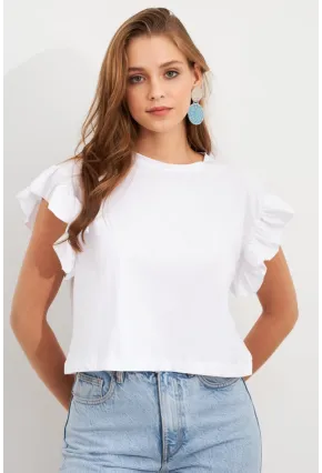 Kadın Beyaz Kolları Volanlı Crop T-Shirt SAN100