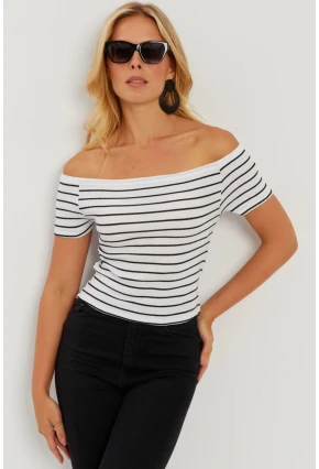 Kadın Beyaz Madonna Yaka Çizgili Kaşkorse Bluz AYD311