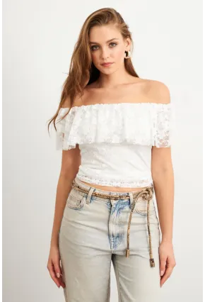 Kadın Beyaz Madonna Yaka Dantel Bluz MTK13549