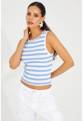 Kadın Beyaz-Mavi Çizgili Kaşkorse Bluz TSC126