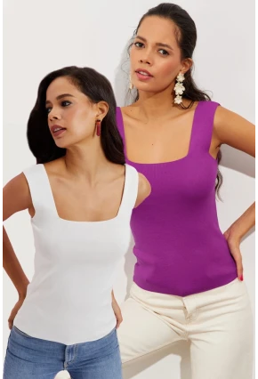 Kadın Beyaz-Mor Kare Yaka İkili Triko Bluz YV130