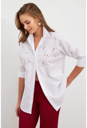 Kadın Beyaz Nakışlı Gömlek DAF5017