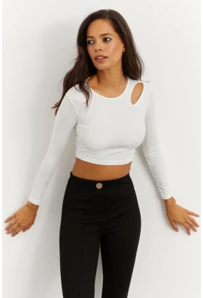 Kadın Beyaz Omuz Pencereli Crop Bluz CG262