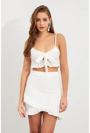 Kadın Beyaz Önü Bağlamalı Mini Etekli Takım LİT1088