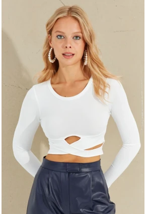 Kadın Beyaz Önü Çapraz Crop Bluz CY435