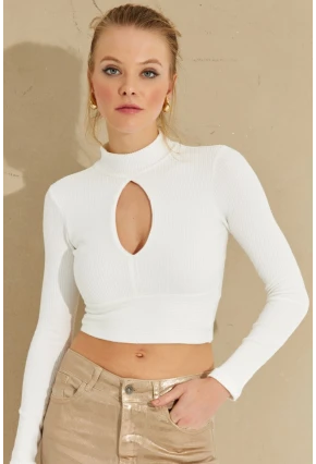 Kadın Beyaz Önü Damla Crop Bluz LPP1243
