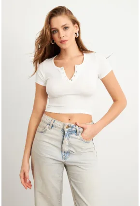 Kadın Beyaz Önü Düğmeli Basic T-Shirt TOP07