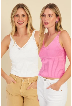 Kadın Beyaz-Pembe İkili V Yaka Triko Bluz SMT227
