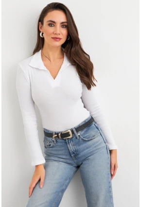 Kadın Beyaz Polo Yaka Kaşkorse Bluz LON3006