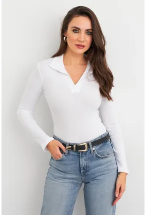 Kadın Beyaz Polo Yaka Kaşkorse Bluz LON3006