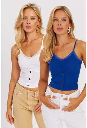 Kadın Beyaz-Saks Askılı Dantelli Bluz MK07