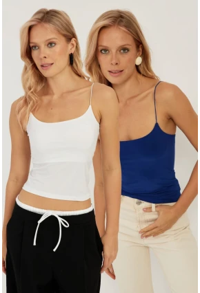 Kadın Beyaz-Saks İkili İp Askılı Bluz GÇ158