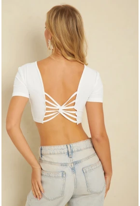 Kadın Beyaz Sırtı Açık Crop Bluz CG358