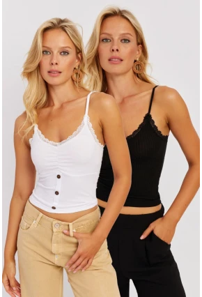 Kadın Beyaz-Siyah Askılı Dantelli Bluz MK07