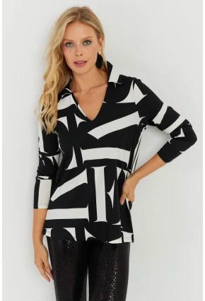 Kadın Beyaz-Siyah Desenli Polo Yaka Bluz AYD240