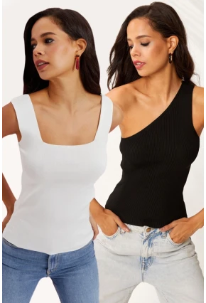 Kadın Beyaz-Siyah İkili Triko Bluz YV151