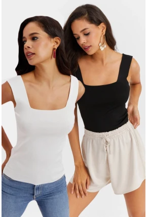 Kadın Beyaz-Siyah Kare Yaka İkili Triko Bluz YV154