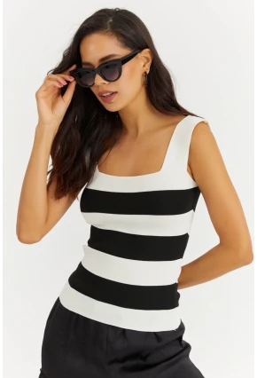 Kadın Beyaz-Siyah Kare Yaka Triko Bluz YV80
