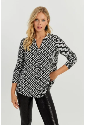 Kadın Beyaz-Siyah V Yaka Bluz AYD258